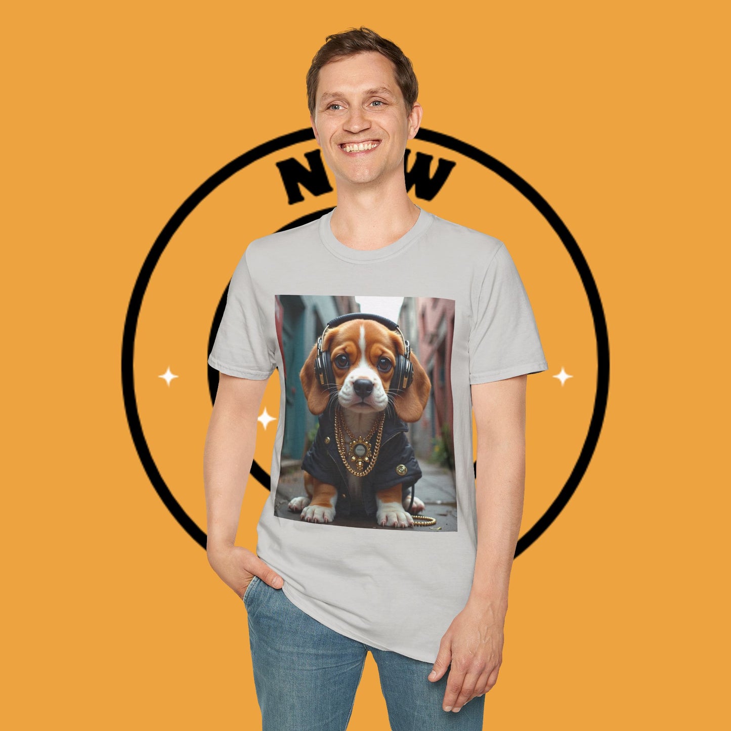 Hip Hop Beagle Dog T-Shirt - Cool Puppy with Headphones & Gold Chains Graphic Tee