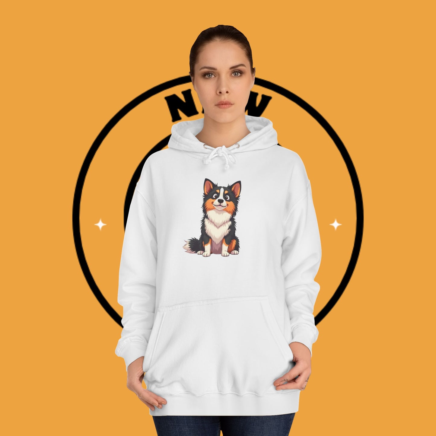 "Cute Tricolor Puppy Hoodie - Adorable Cartoon Dog Design | Kawaii Animal Streetwear for Dog Lovers"