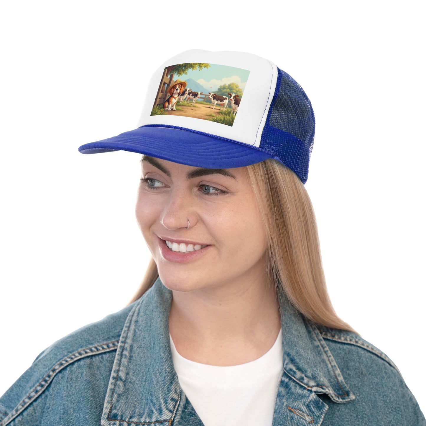 Farm Beagle with Straw Hat and Cows Trucker Hat - Country Dog Lover Cap - Adorable Dog Lover Unisex Cap