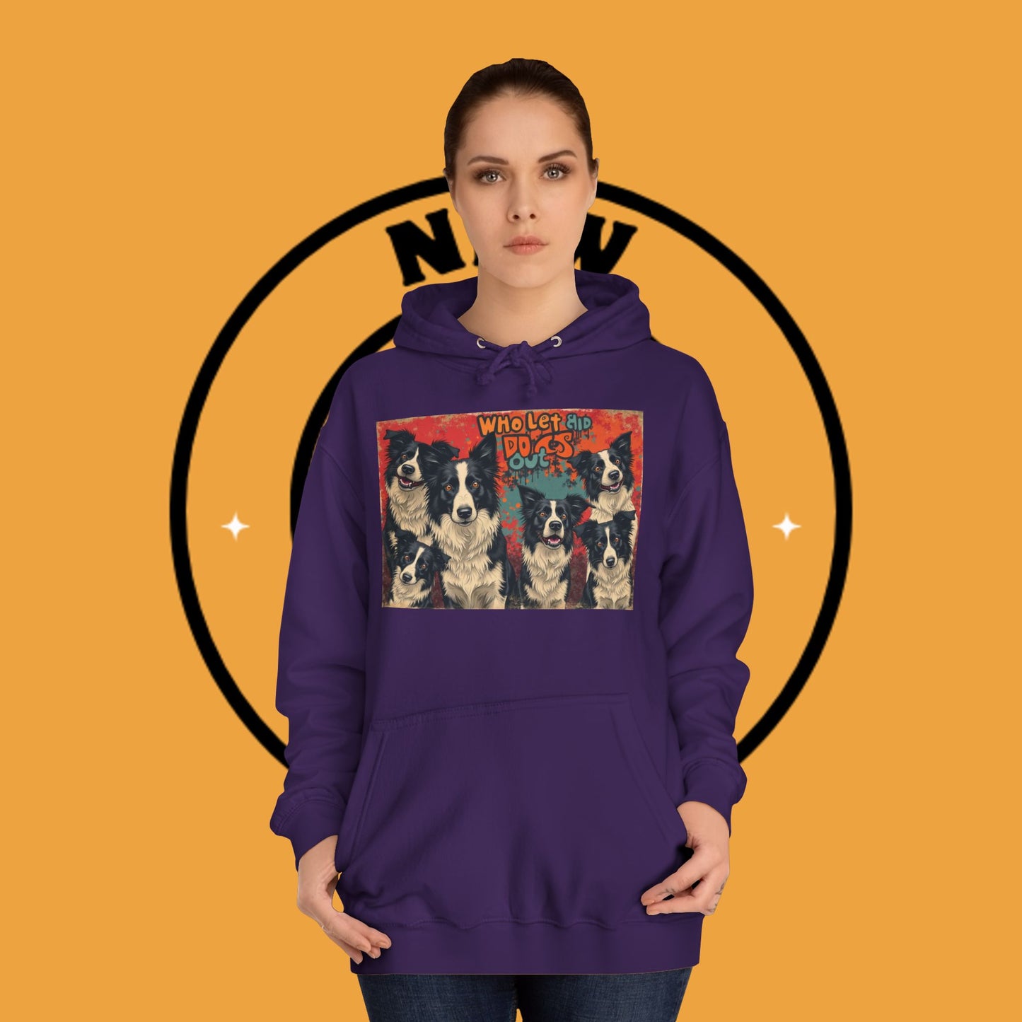 "Who Let the Dogs Out Border Collie Hoodie - Funny 90s Nostalgia Dog Pack Sweatshirt | Retro Music Design"