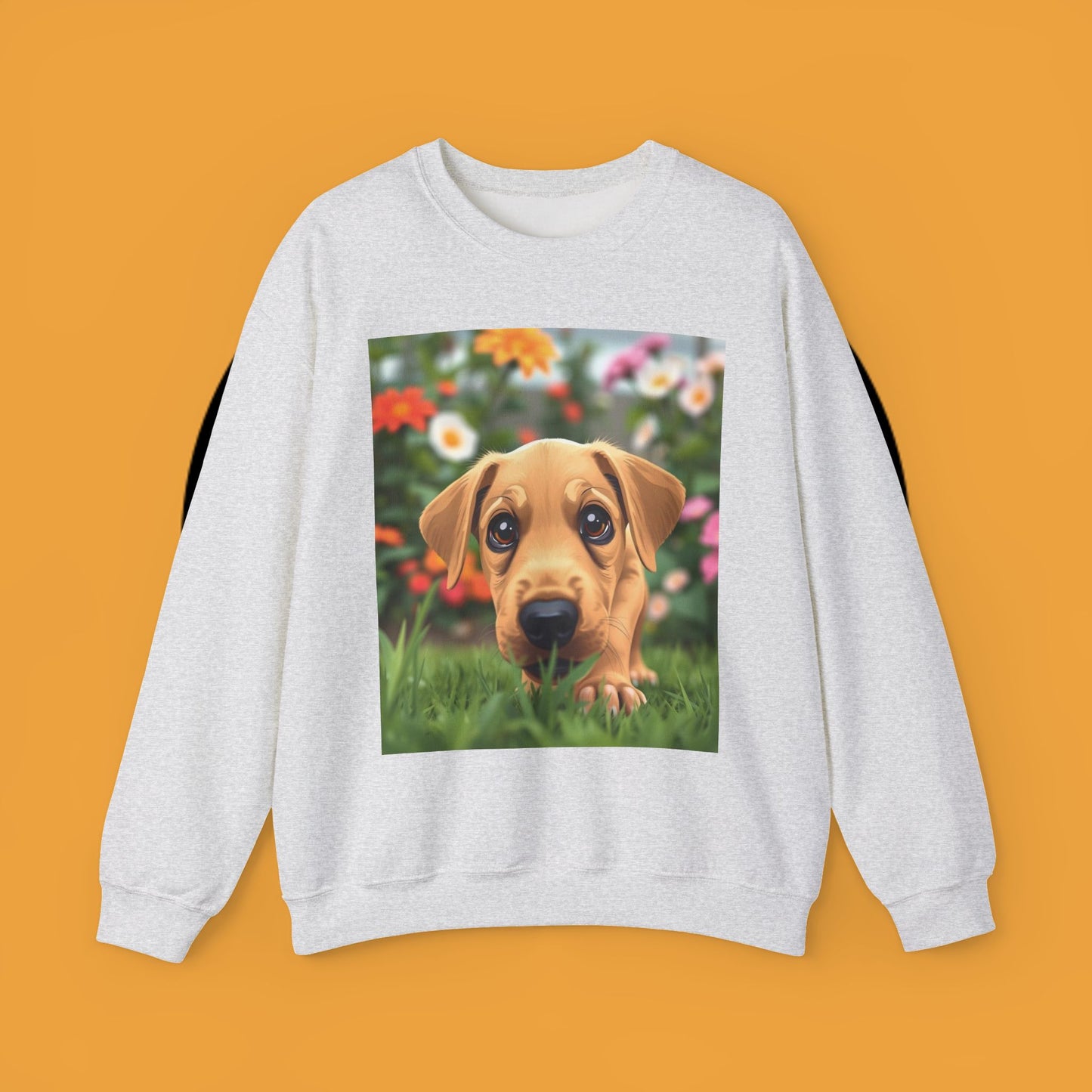Unisex Dog Lover Crewneck Sweatshirt - Cute puppe with big eyes in floral garden