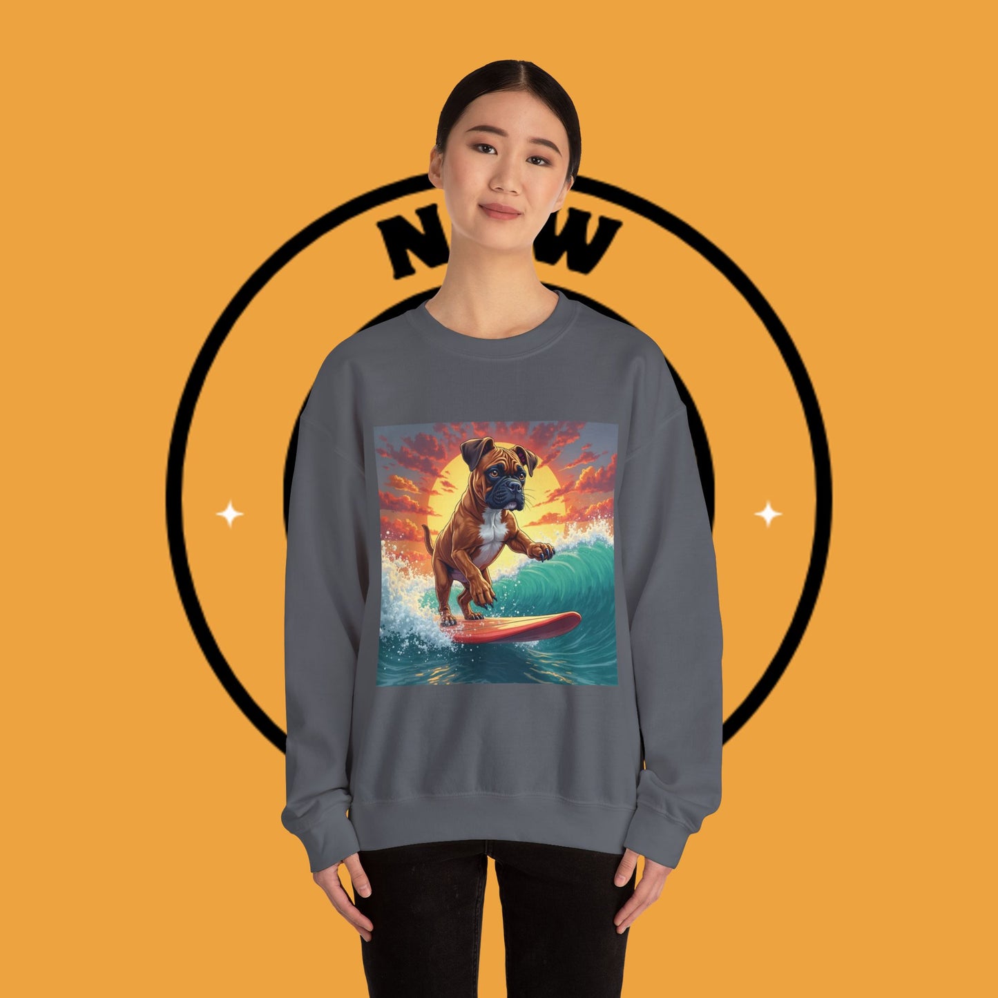 Surfing Boxer Dog Crewneck Sweatshirt | Funny Beach Surfer Gift | Epic Wave Riding Pup Design