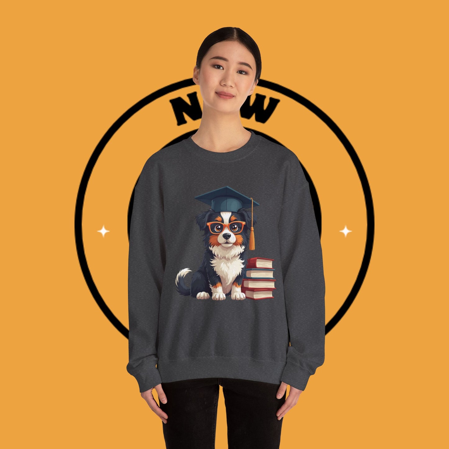 Graduation Dog Crewneck Sweatshirt - Smart Puppy Graduate Cap Books | Academic Achievement Gift
