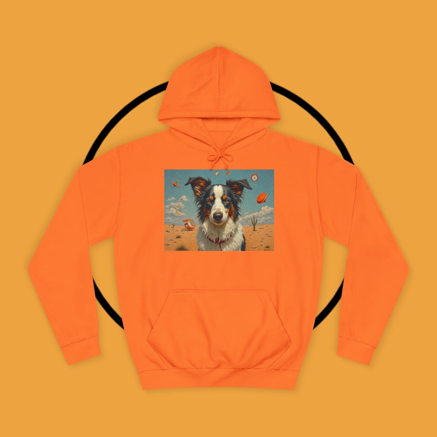 "Surreal Border Collie Time Desert Hoodie - Flying Clocks Artistic Dog Sweatshirt | Dreamlike Fantasy Design"