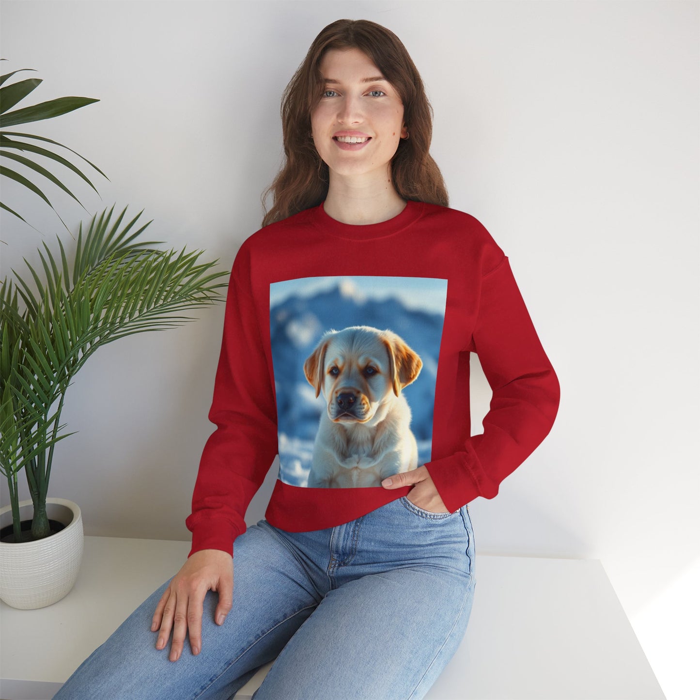 Crewneck Sweatshirt - Cute Labrador Puppy with Blue Eyes - Adorable Dog Portrait in Snow