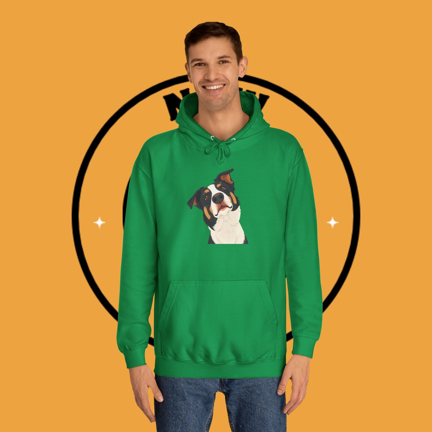 "Happy Border Collie Hoodie - Playful Cartoon Dog with Tilted Head Design | Cute Animal Streetwear"