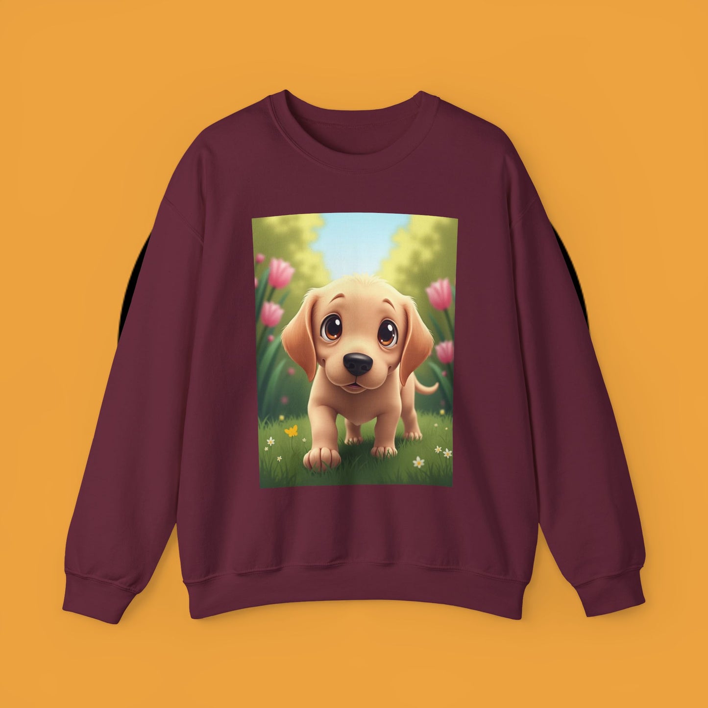 Adorable Golden Retriever Puppy in a Garden with Flowers - Cute Puppy Photo kawaii style
