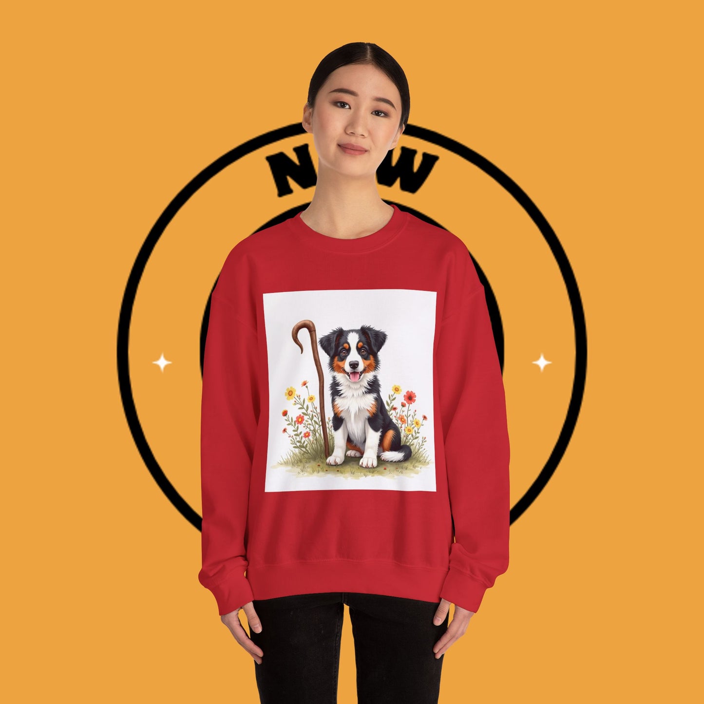 Border Collie Puppy Shepherd's Crook Crewneck Sweatshirt - Pastoral Dog Art | Farm Life Gift