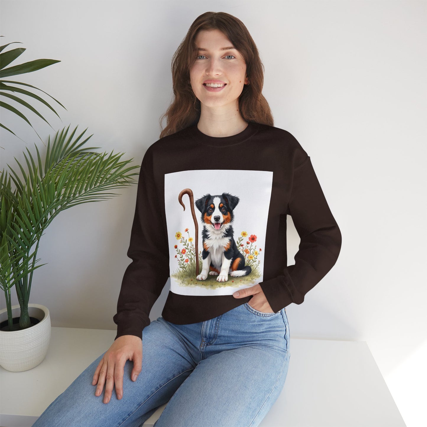 Border Collie Puppy Shepherd's Crook Crewneck Sweatshirt - Pastoral Dog Art | Farm Life Gift
