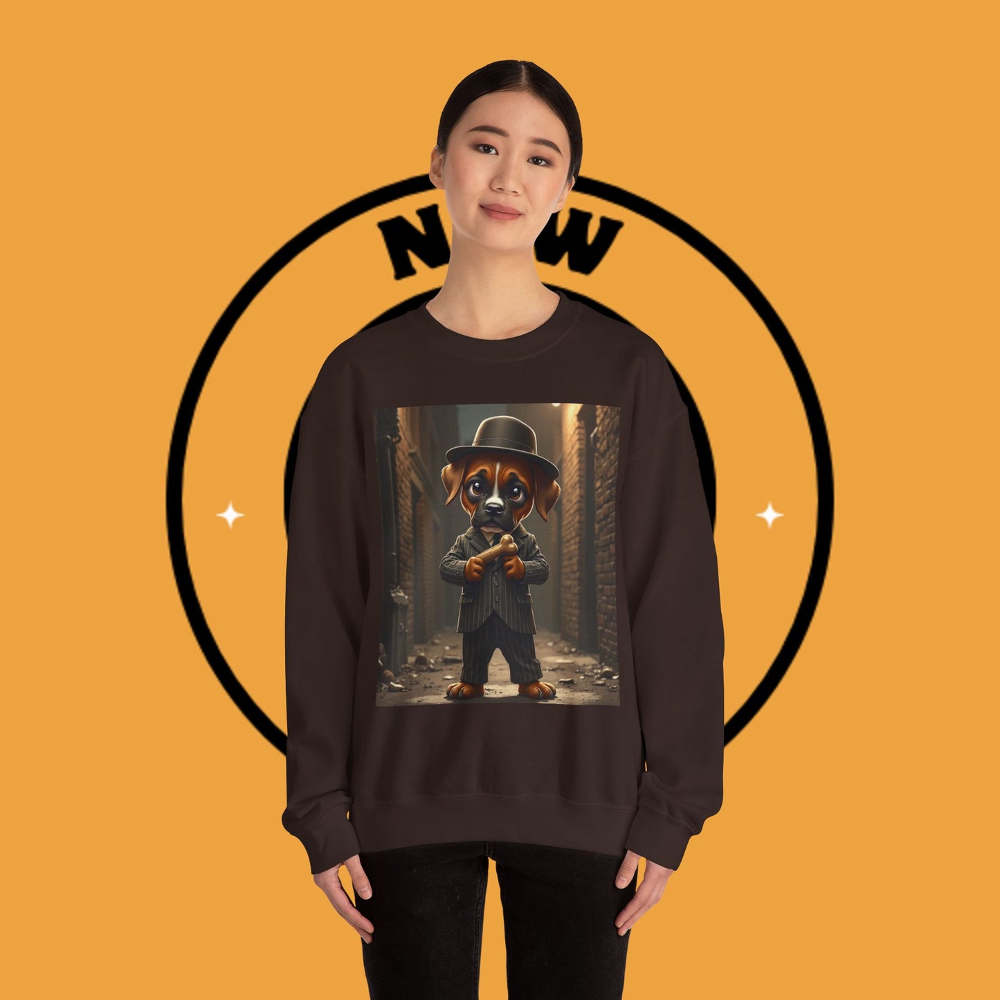 Gangster Puppy Fedora Crewneck Sweatshirt - Vintage Dog Boss Design - Retro Pet Lover Style