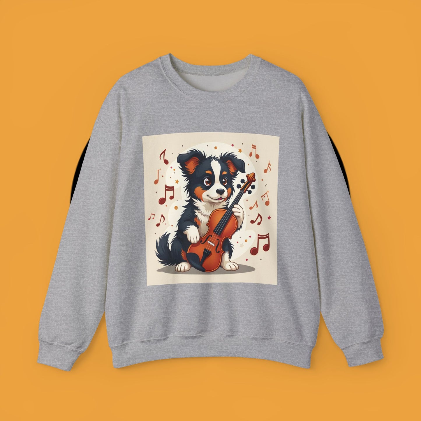 Music Dog Crewneck Sweatshirt - Cute Puppy Violinist with Musical Notes Design | Musician Gift