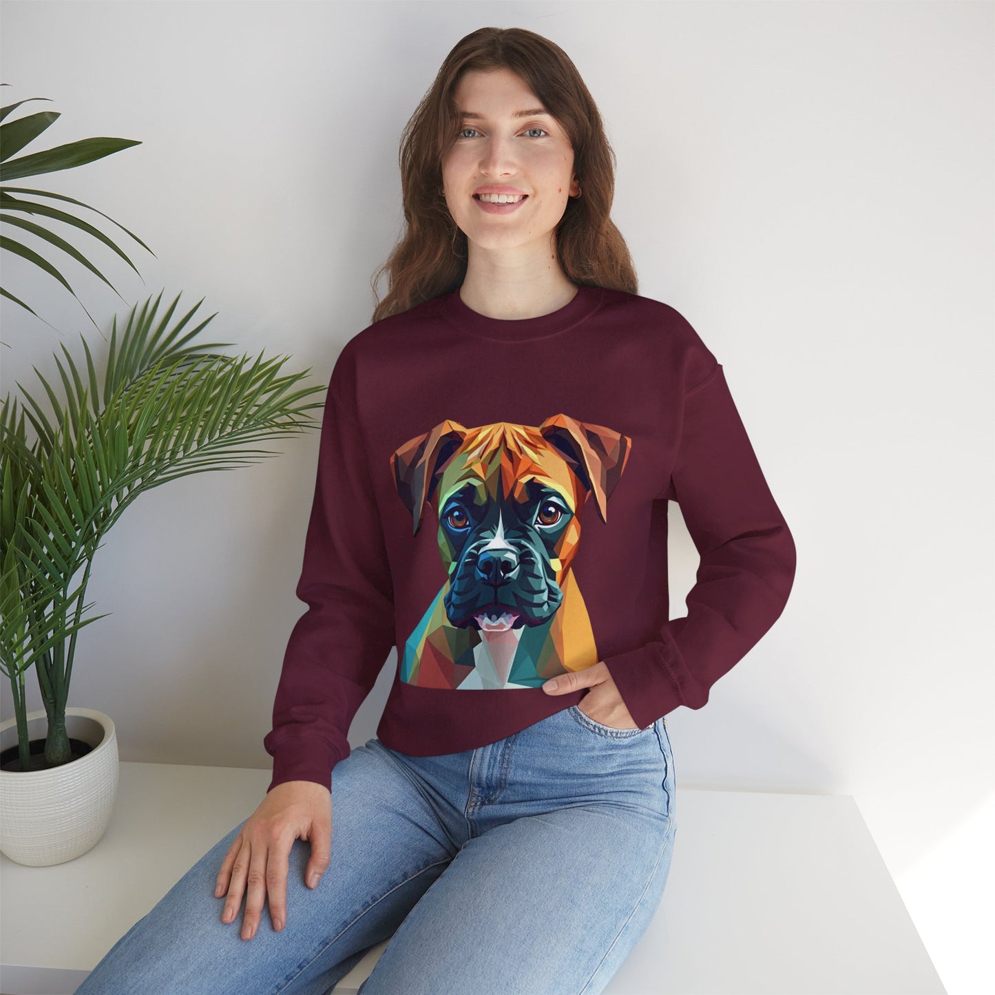 Geometric Boxer Dog Crewneck Sweatshirt - Polygon Art Pet Portrait - Modern Design Lover Gift