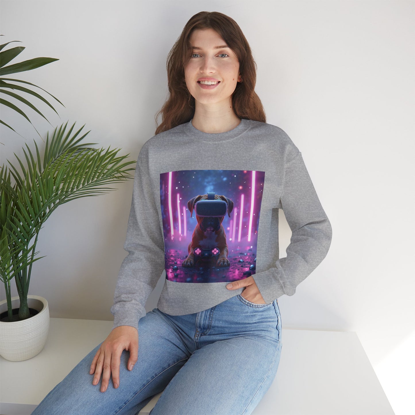 VR Gaming Boxer Dog Crewneck Sweatshirt | Funny Gamer Gift | Virtual Reality Puppy Design