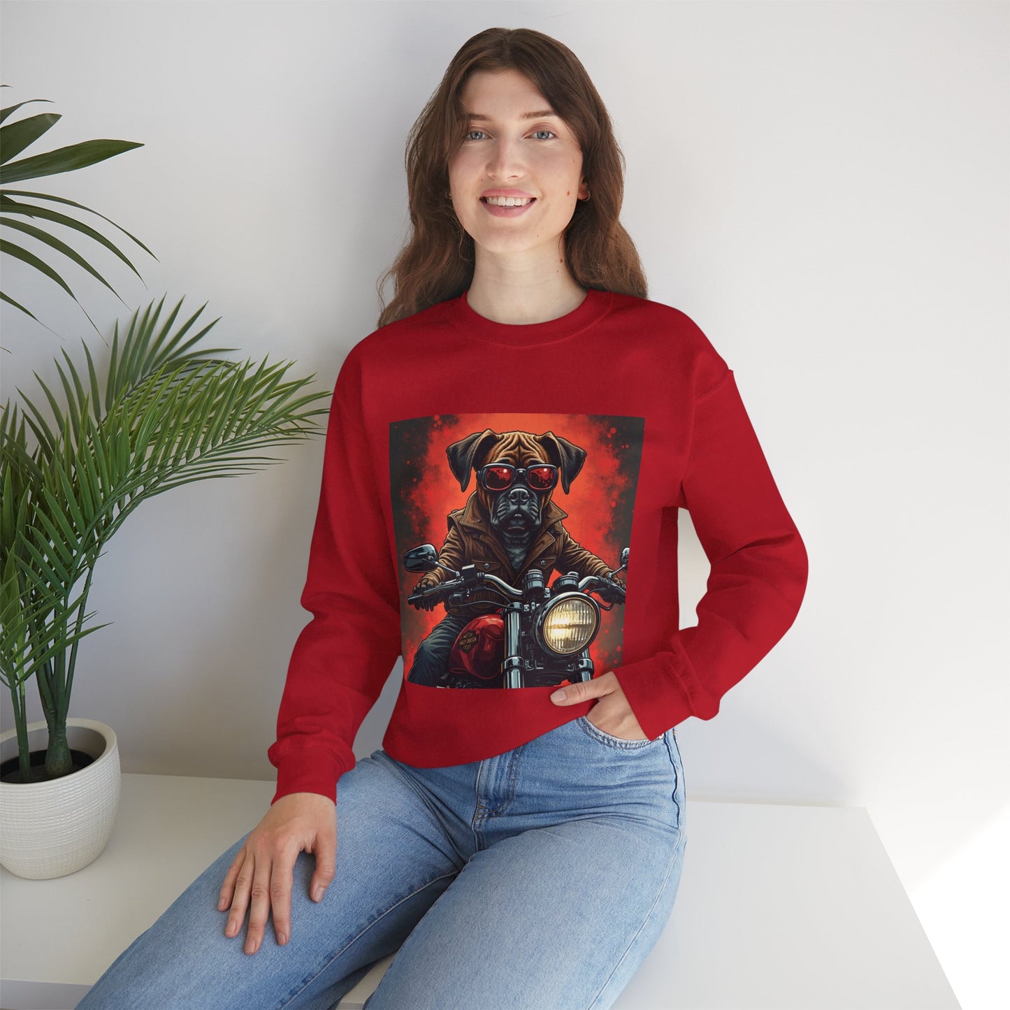 Biker Boxer Dog Crewneck Sweatshirt - Motorcycle Rebel Pup Design - Badass Pet Lover Style