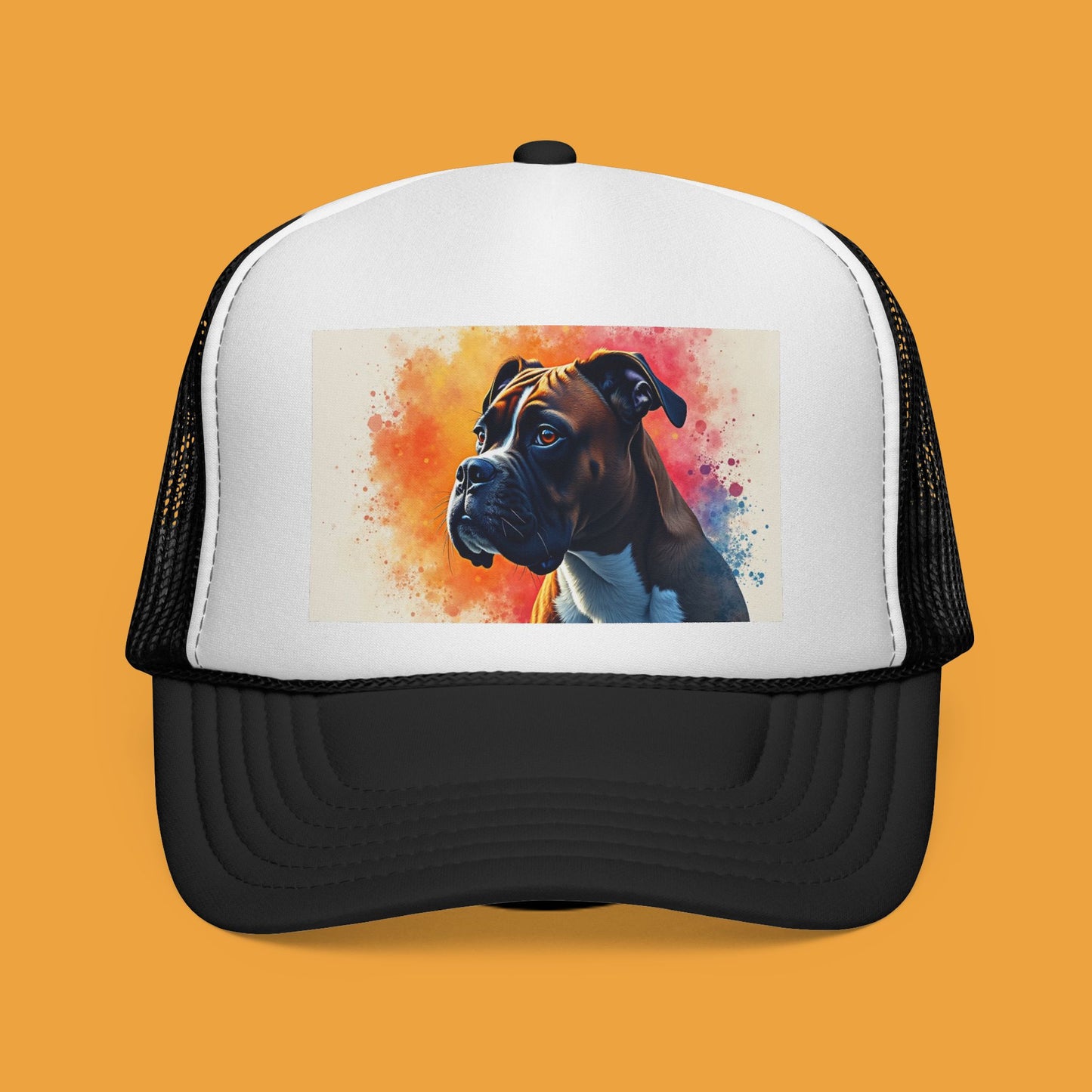 "Watercolor Sunset Boxer Dog Trucker Cap - Artistic Profile Design | Premium Snapback Hat | Fine Art Streetwear for Dog Lovers"