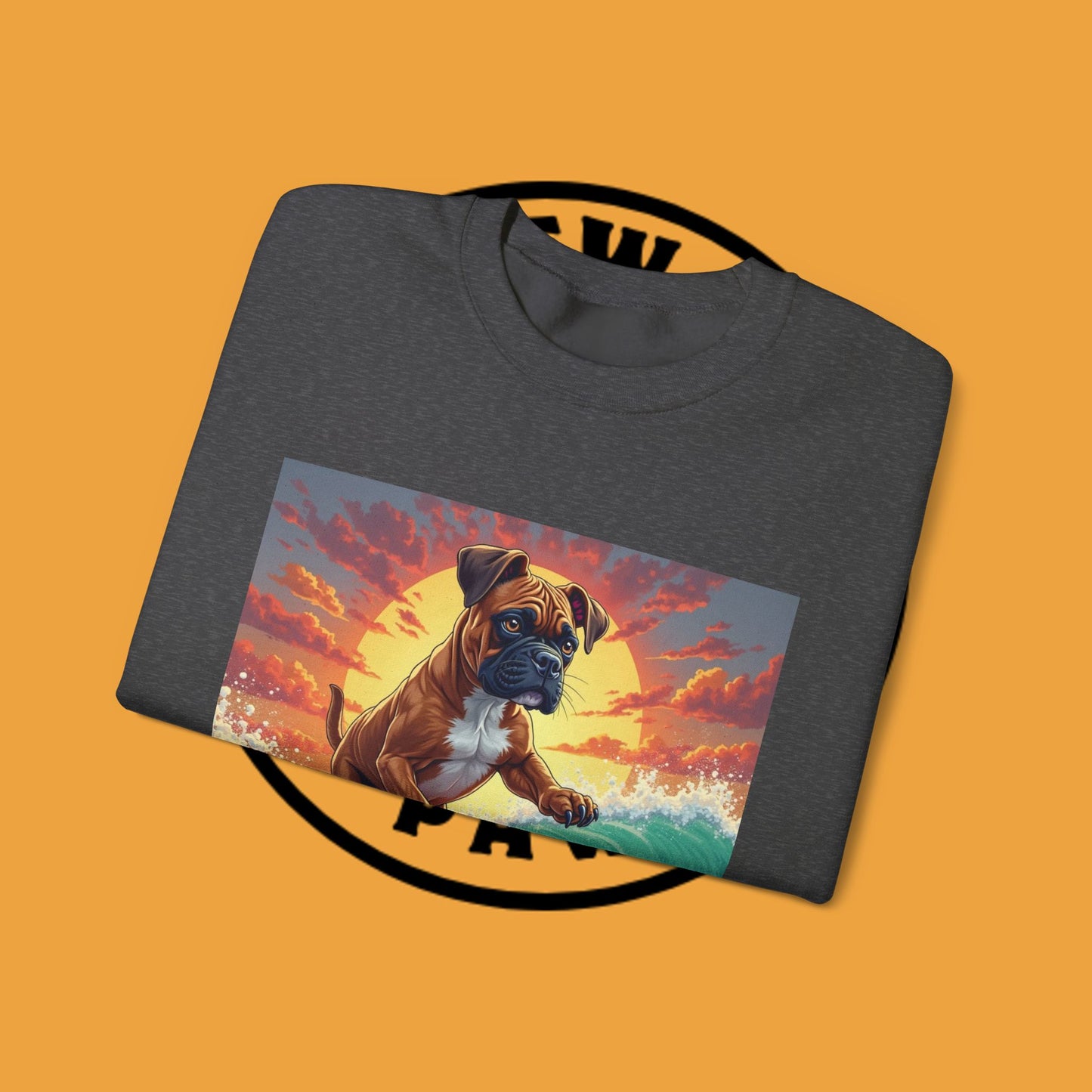 Surfing Boxer Dog Crewneck Sweatshirt | Funny Beach Surfer Gift | Epic Wave Riding Pup Design