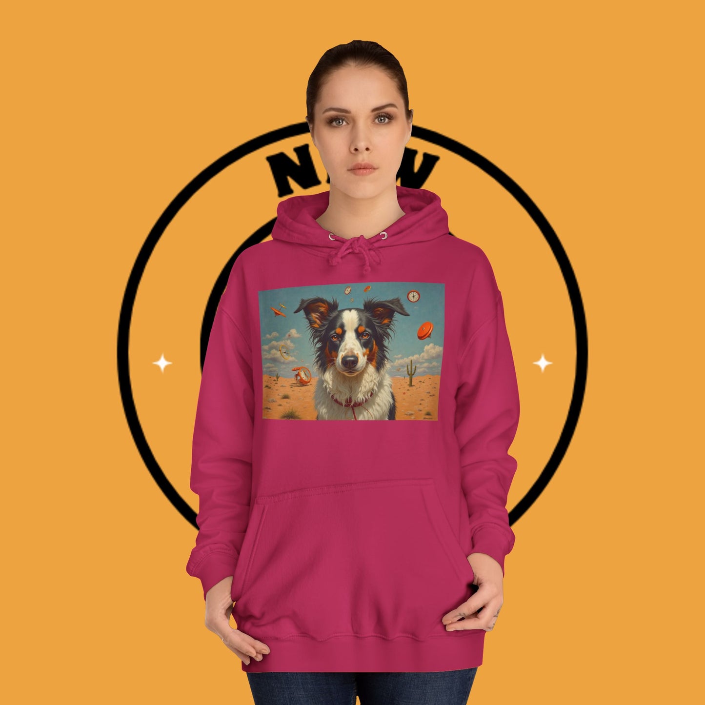 "Surreal Border Collie Time Desert Hoodie - Flying Clocks Artistic Dog Sweatshirt | Dreamlike Fantasy Design"