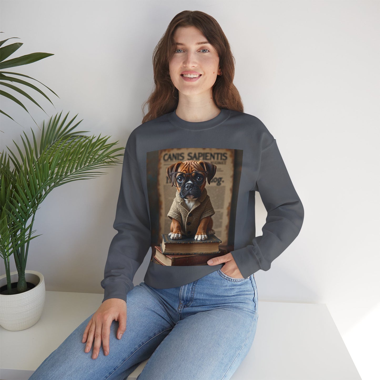 Professor Puppy Glasses Crewneck Sweatshirt - Scholarly Dog Design - Academic Pet Lover Gift