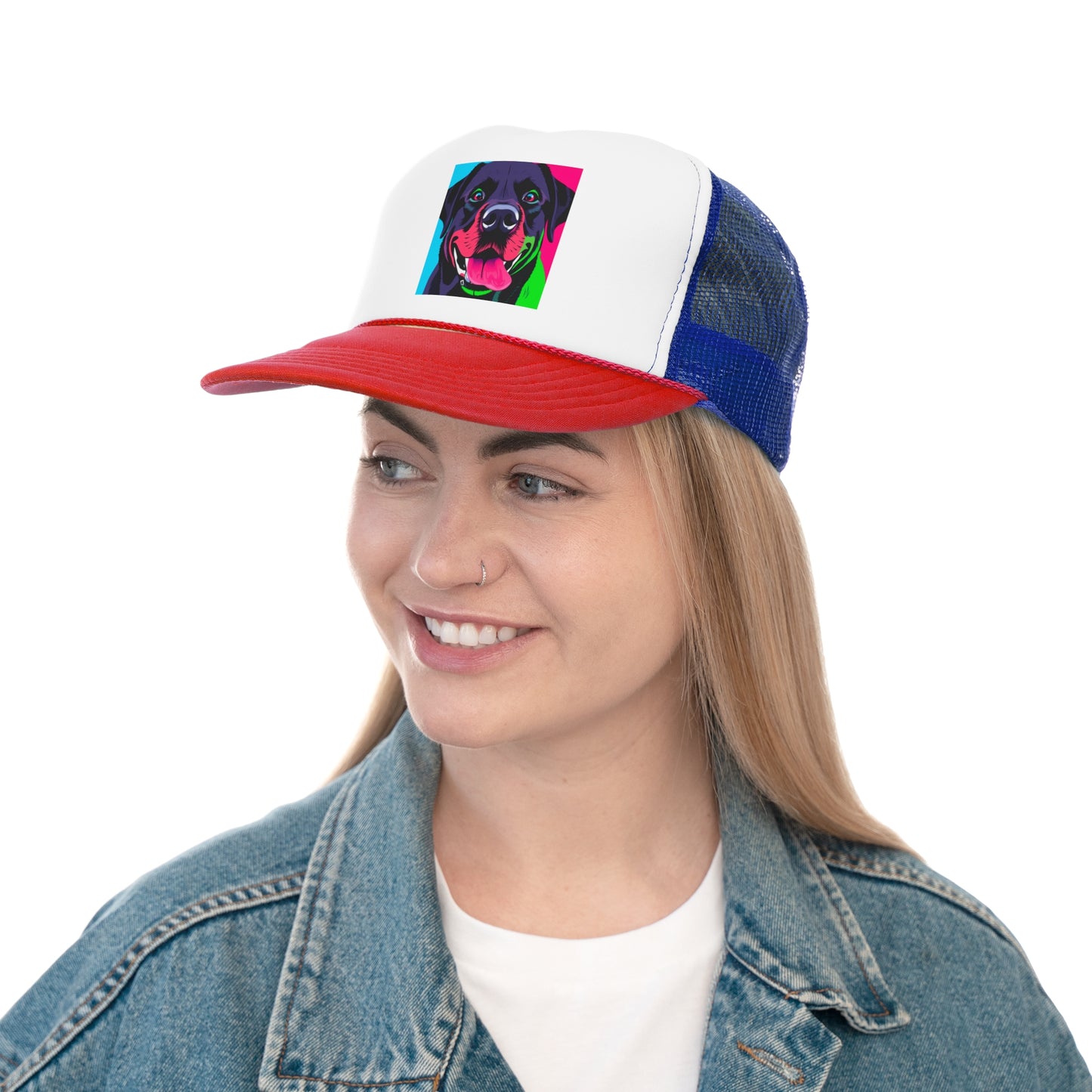Psychedelic Pop Art Dog Trucker Hat - Vibrant Neon Colors Lab Portrait Cap - Perfect for Pet Lovers