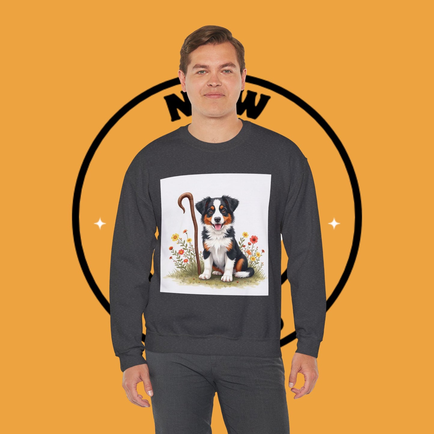 Border Collie Puppy Shepherd's Crook Crewneck Sweatshirt - Pastoral Dog Art | Farm Life Gift