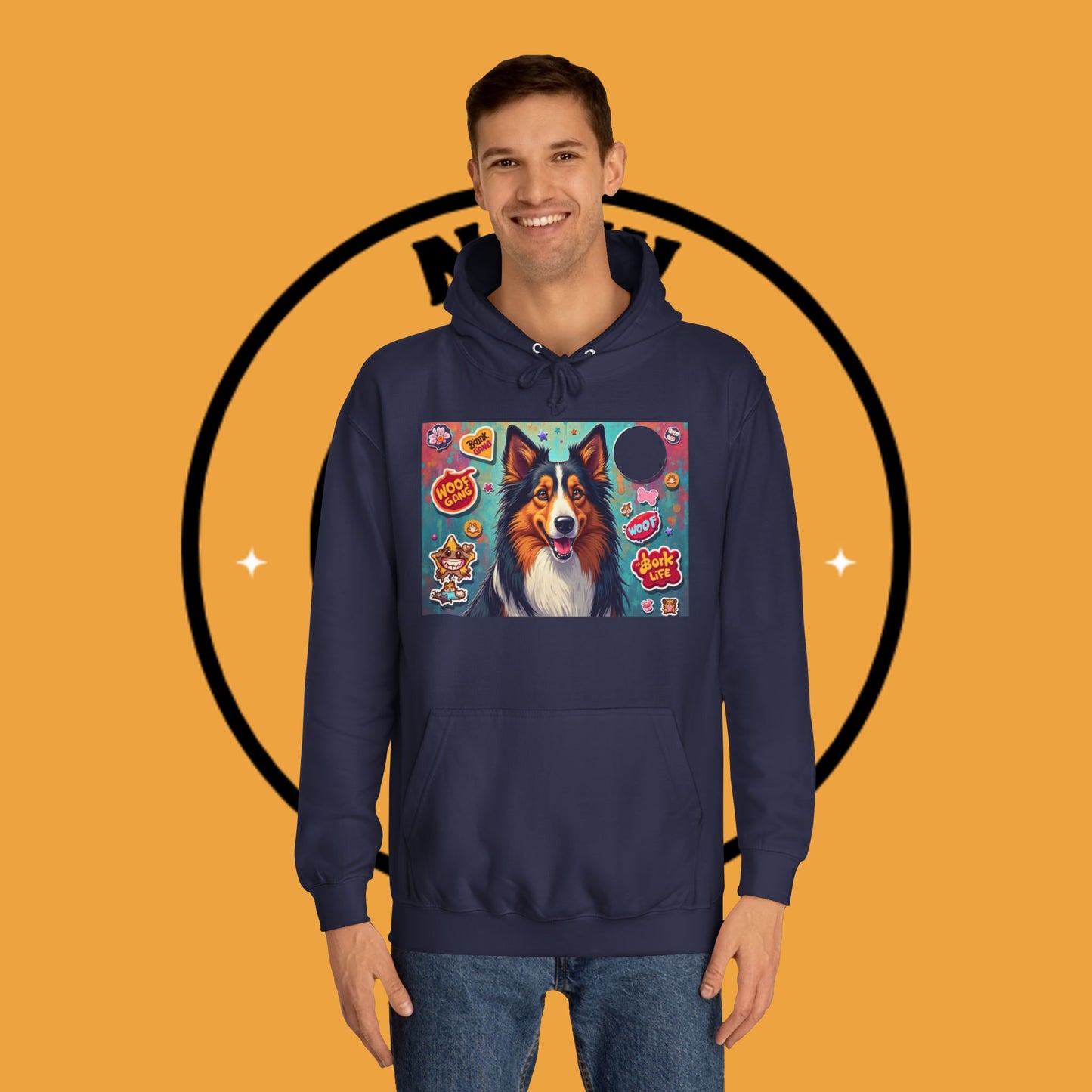 "Dog Sticker Pack Hoodie - Vibrant Collie with Fun Dog Patches Design | Millennial Pet Lover Streetwear"