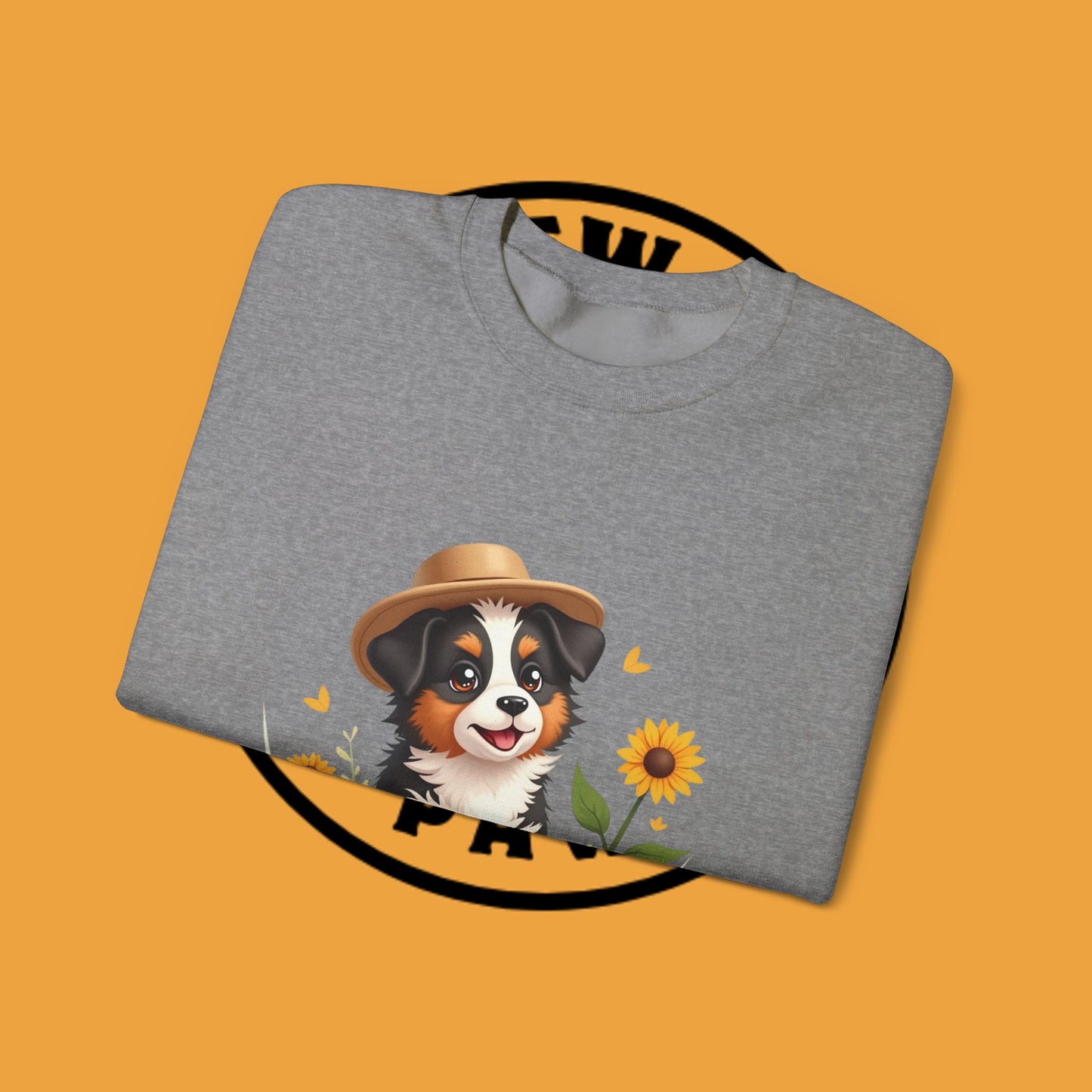 Garden Dog Crewneck Sweatshirt - Cute Puppy Gardener with Sunflowers Design | Green Thumb Gift