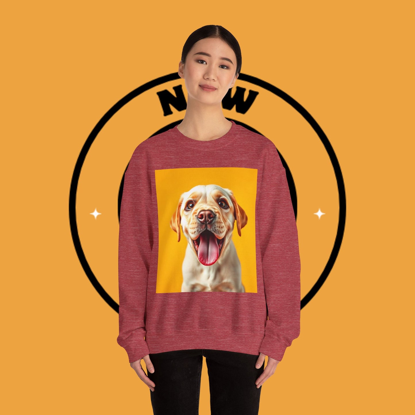Unisex Dog Lover Crewneck Sweatshirt - Smiling Yellow Lab on vibrant yellow background