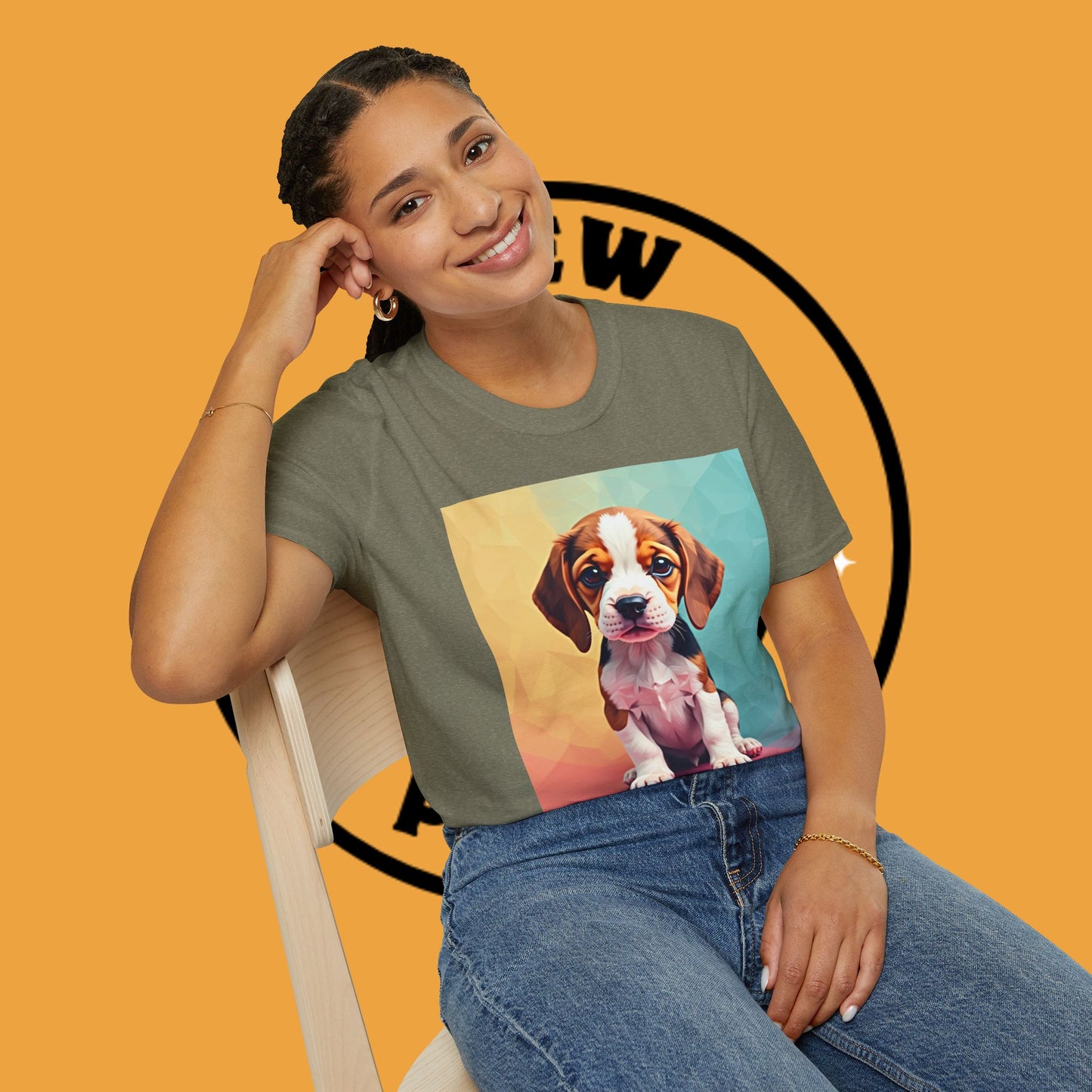 Modern Art Beagle Puppy T-Shirt - Geometric Low Poly Dog Design with Rainbow Background