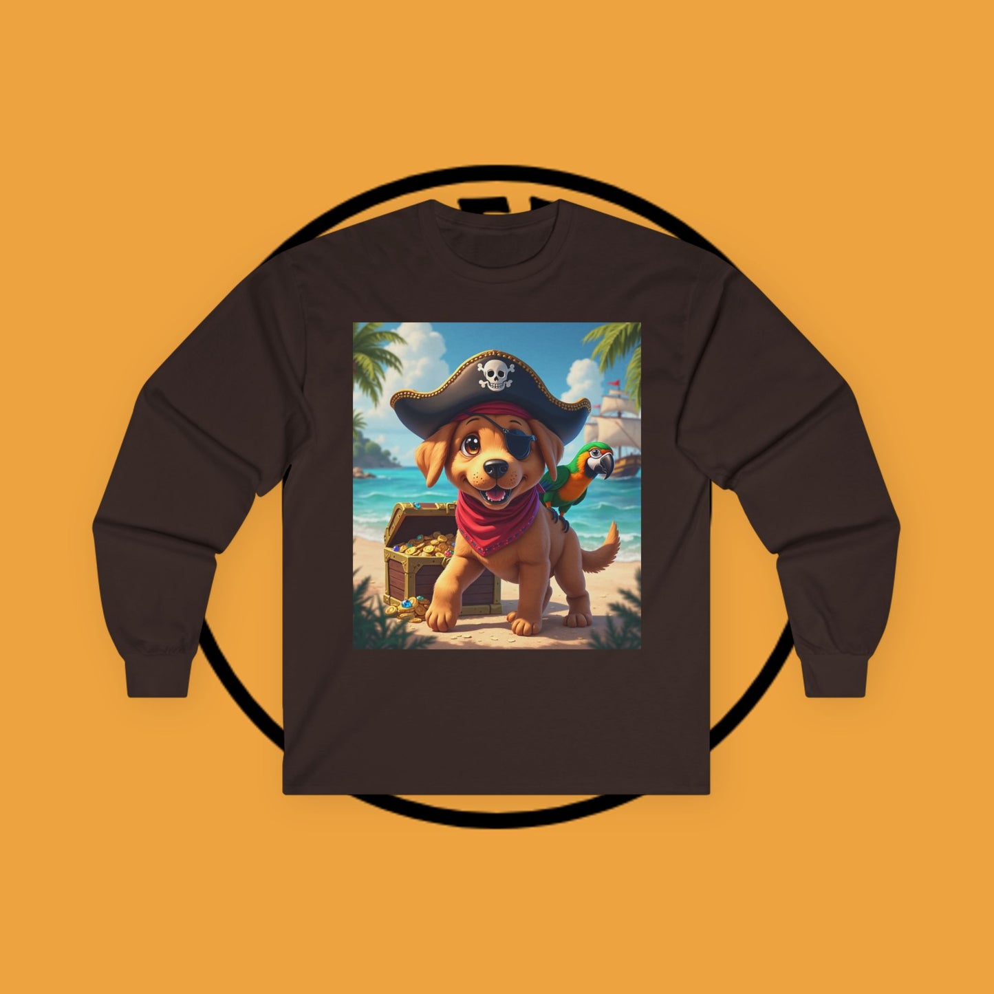 Adventurous Pirate Puppy Long Sleeve T-Shirt - Dog Design with Pirate Hat and Tropical Treasure Long Sleeve T-Shirt for Adventure Lovers π΄β οΈπ¦