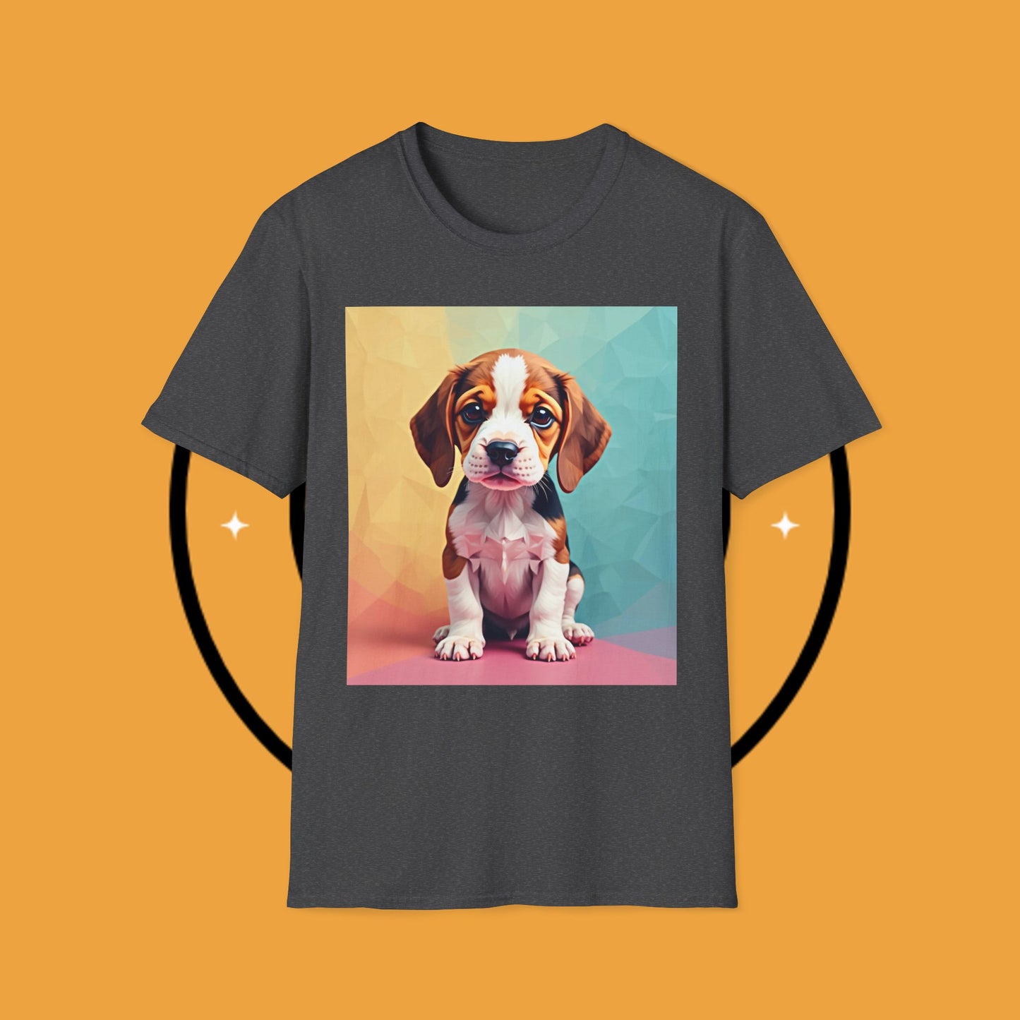 Modern Art Beagle Puppy T-Shirt - Geometric Low Poly Dog Design with Rainbow Background