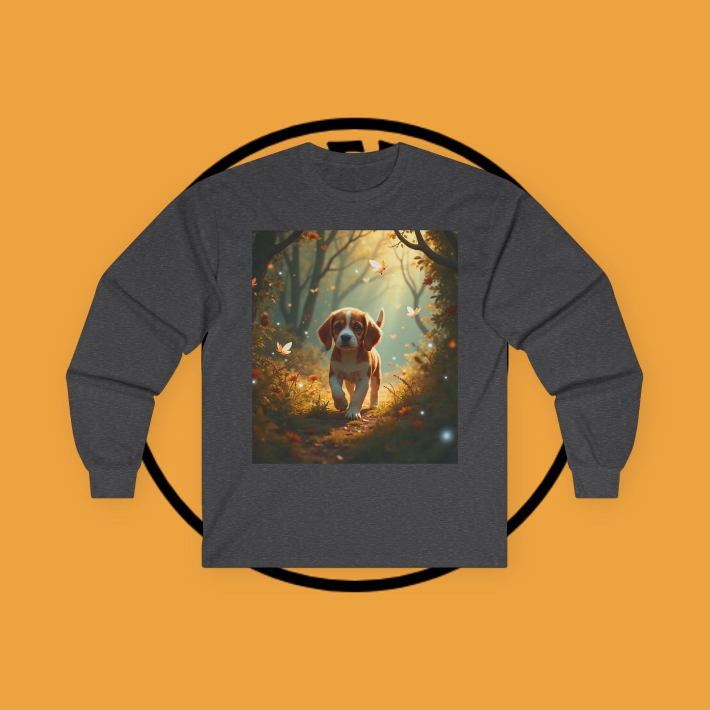 Magical Forest Beagle Puppy with Autumn Leaves and Butterflies Long Sleeve Tee