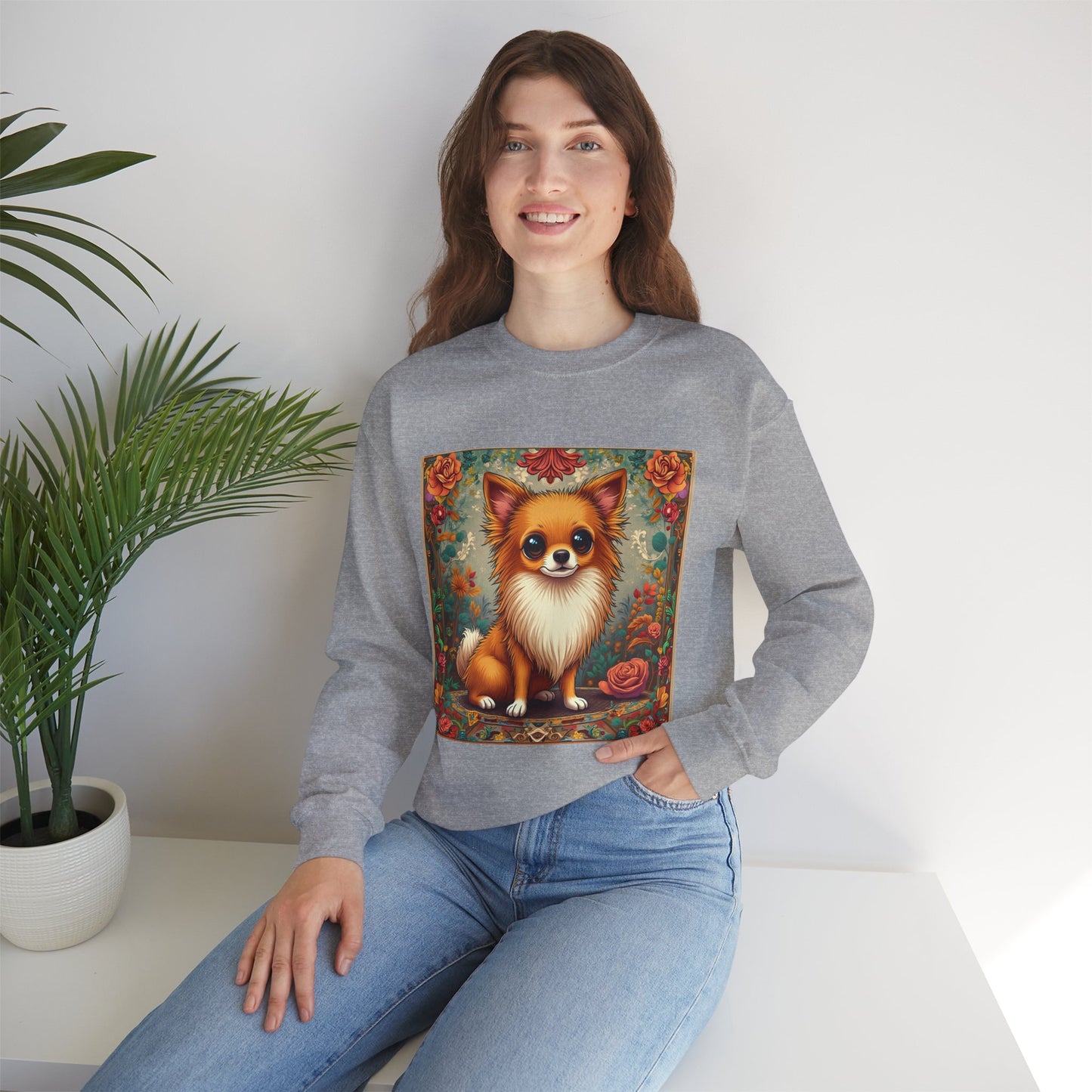 Victorian Chihuahua Garden Sweatshirt | Ornate Floral Dog Portrait | Botanical Pet Art Design