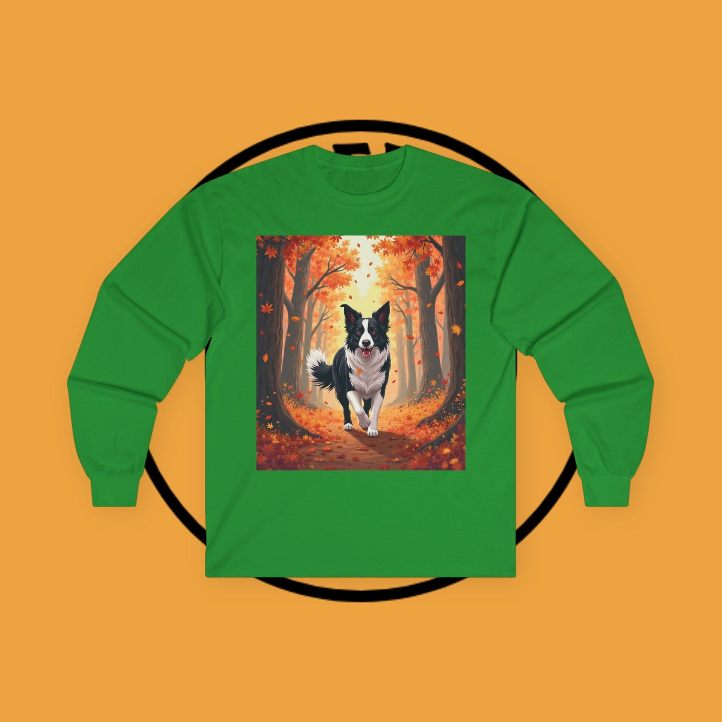 Autumn Border Collie Long Sleeve Tee - Fall Forest Dog Art Shirt | Seasonal Pet Apparel