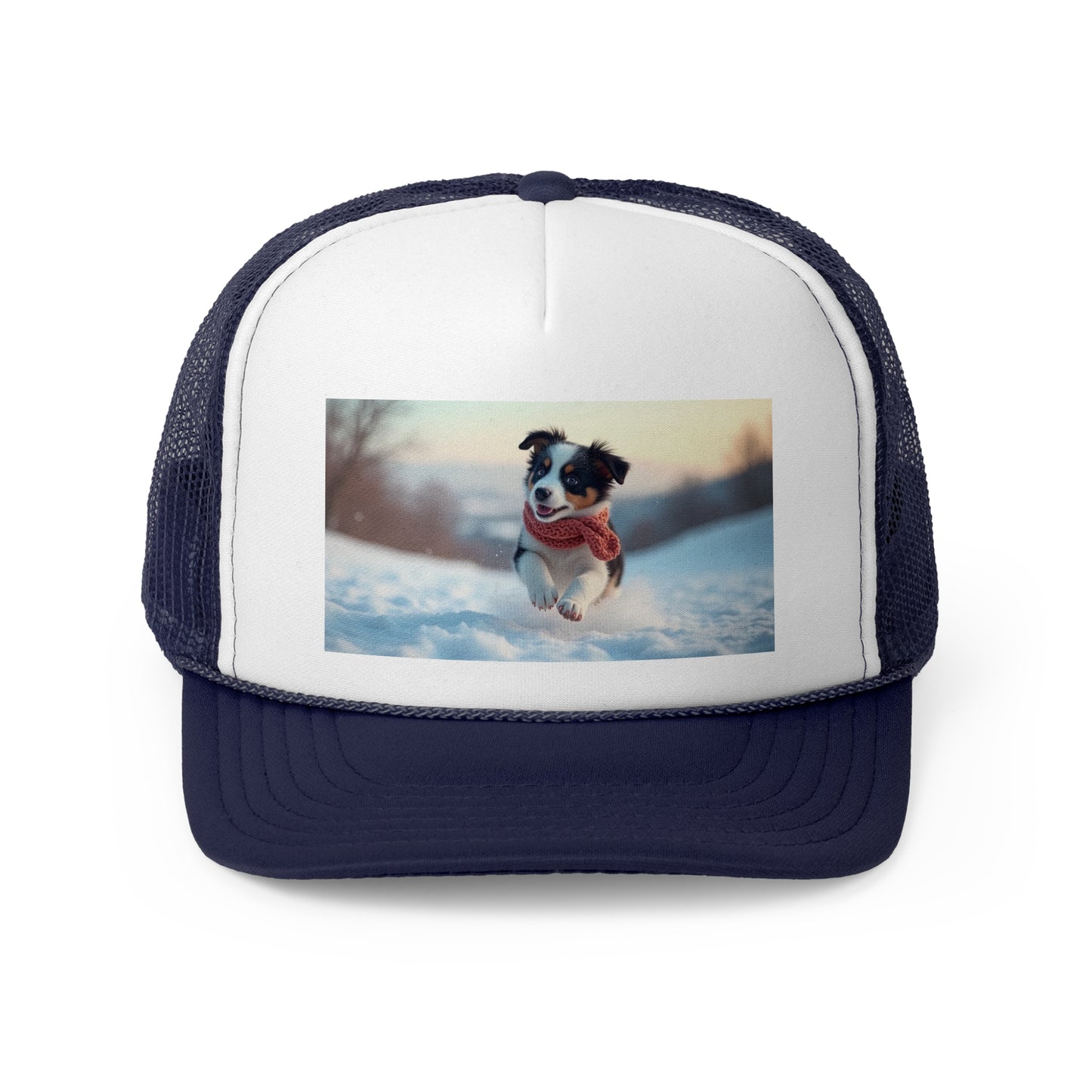 Winter Puppy Trucker Hat - Cozy Dog in Snow Cap - Adorable Scarf Puppy Baseball Hat