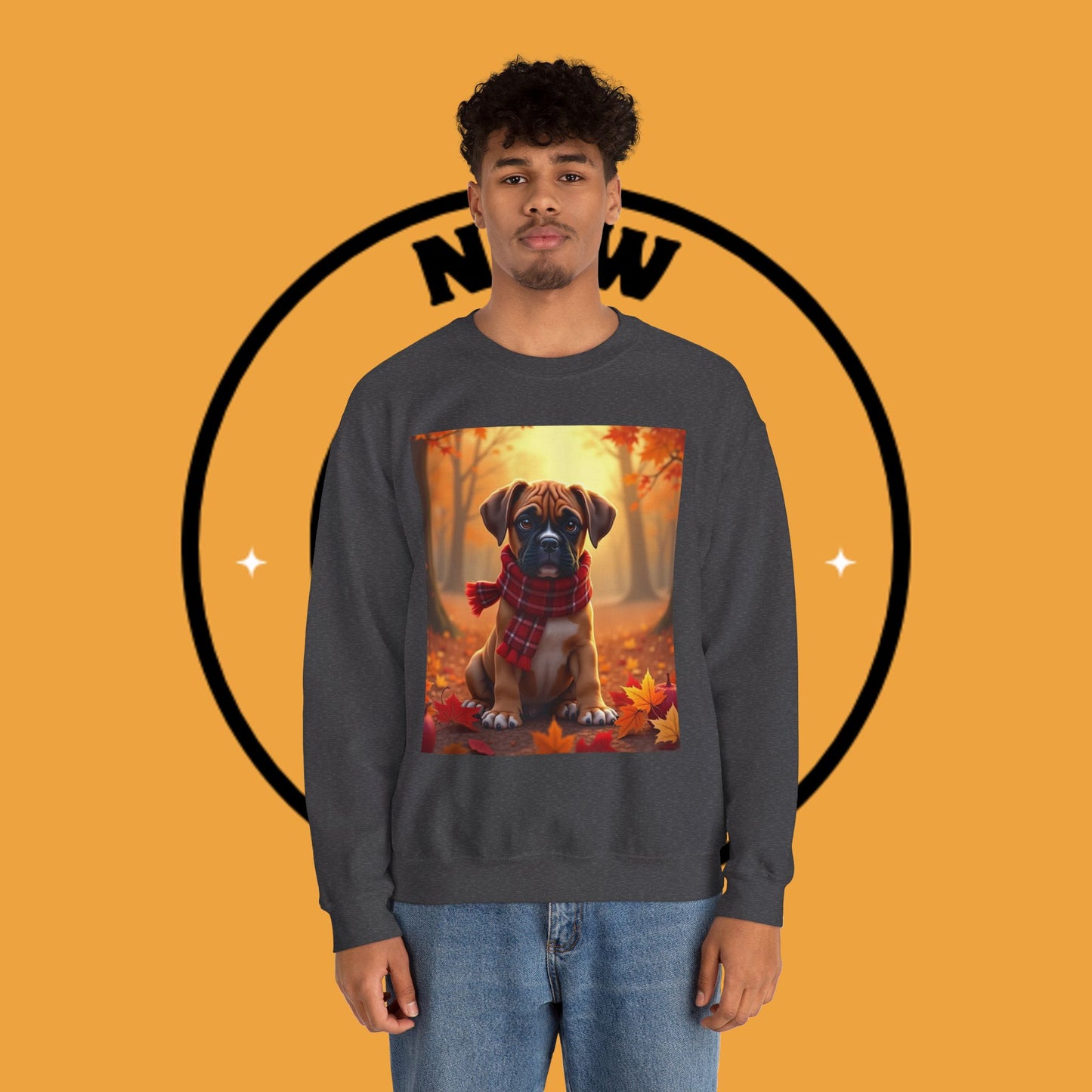 Cute Boxer Puppy Autumn Crewneck Sweatshirt | Fall Dog Lover Gift | Cozy Plaid Scarf Design