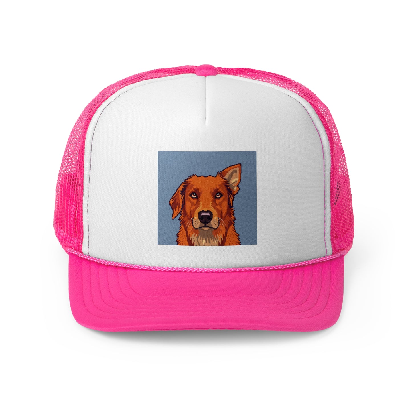 Pixel Art Dog Trucker Cap - Retro Gaming Golden Retriever Design - Unisex Adjustable Cap