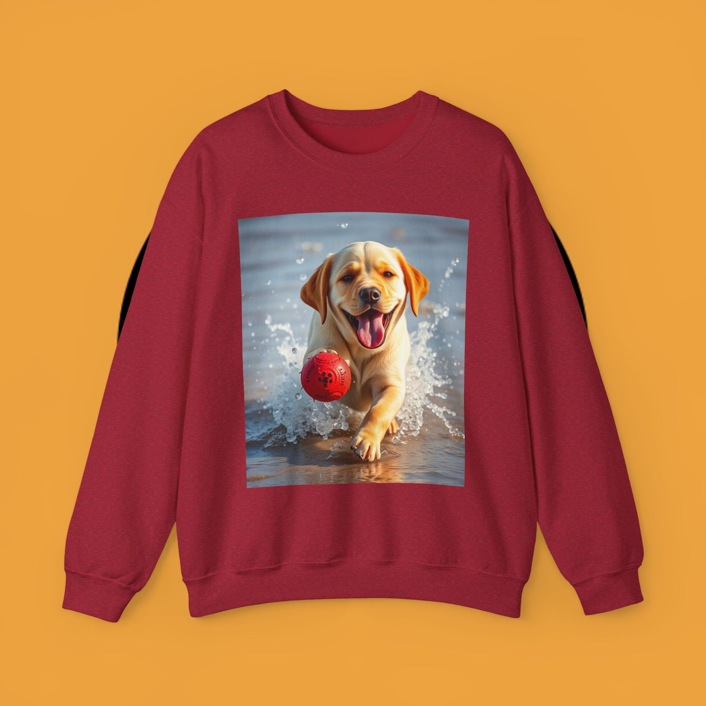 Unisex Dog Lover Crewneck Sweatshirt Labrador Puppy Playing with a Ball on the Beach - Photo of a Happy Dog Running in the Water