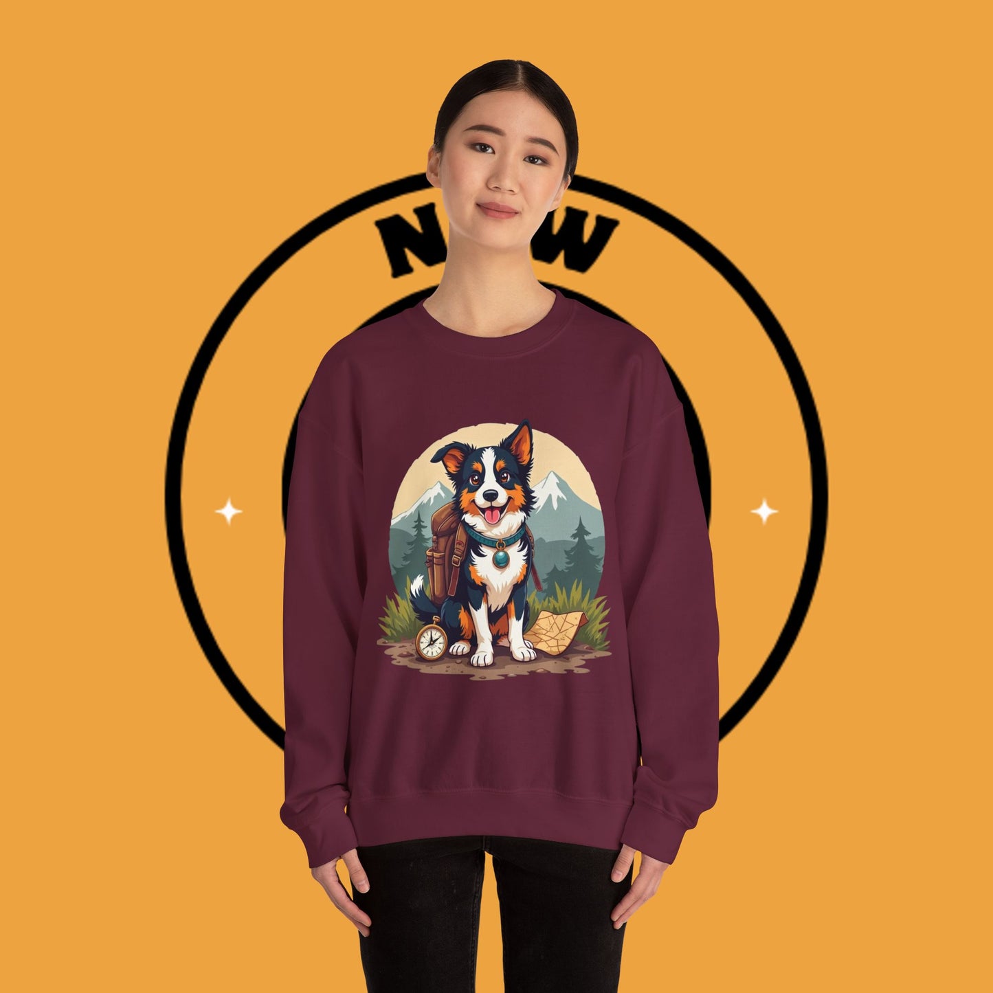 Adventure Dog Hiking Crewneck Sweatshirt - Mountain Explorer Border Collie Design | Outdoor Lover Gift