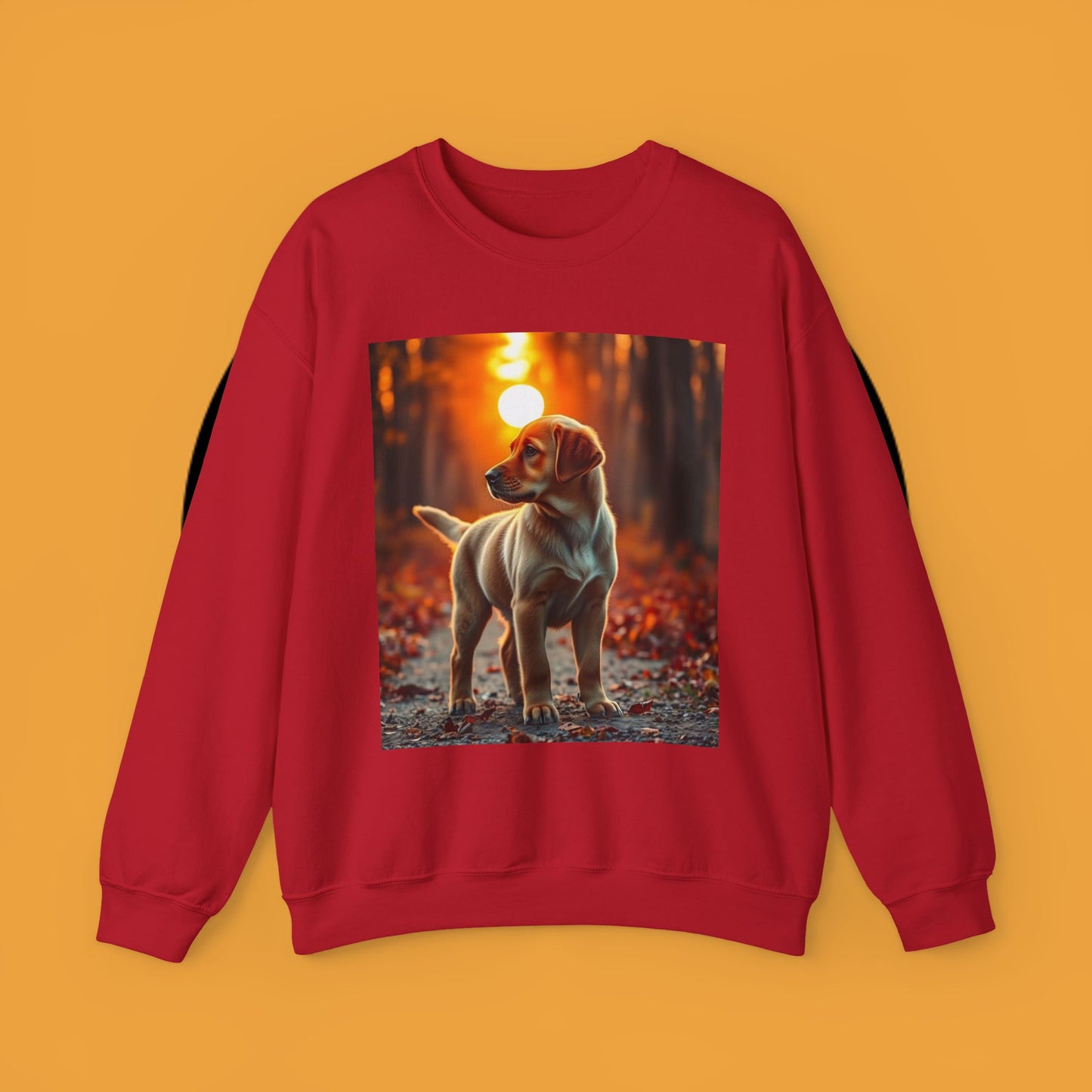Crewneck Sweatshirt - Labrador Puppy in Autumn Forest with Golden Sunset Light Design