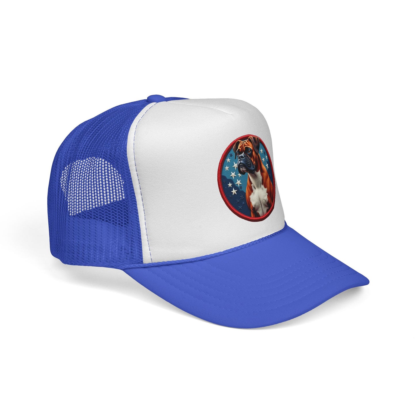 "Americana Boxer Dog Patch Trucker Cap - Patriotic Stars Design | USA Flag Colors Snapback Hat | Military Style Baseball Cap"