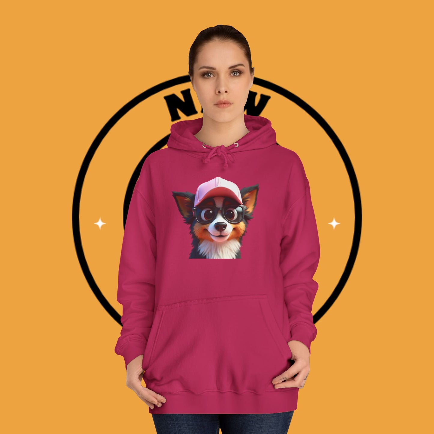 "Hipster Border Collie Puppy with Glasses & Cap Hoodie - Cute Trendy Dog Sweatshirt | Fun Design"