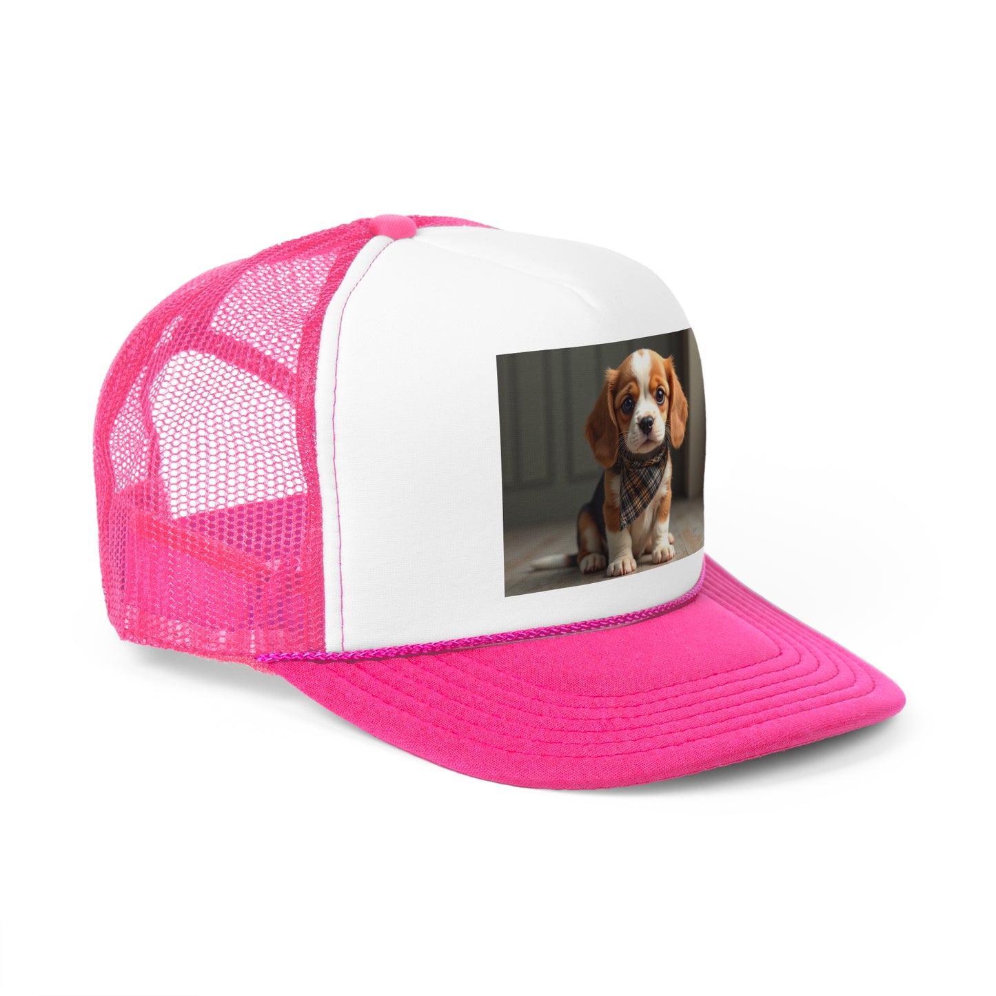 Stylish Beagle Puppy with Plaid Bandana Trucker Hat - Premium Dog Lover Cap - Adorable Dog Lover Unisex Cap