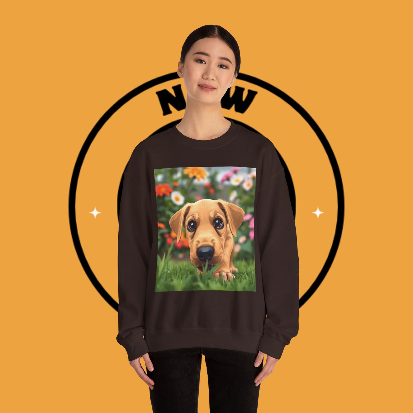 Unisex Dog Lover Crewneck Sweatshirt - Cute puppe with big eyes in floral garden
