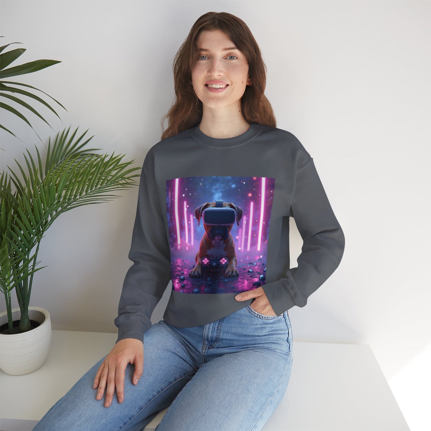 VR Gaming Boxer Dog Crewneck Sweatshirt | Funny Gamer Gift | Virtual Reality Puppy Design