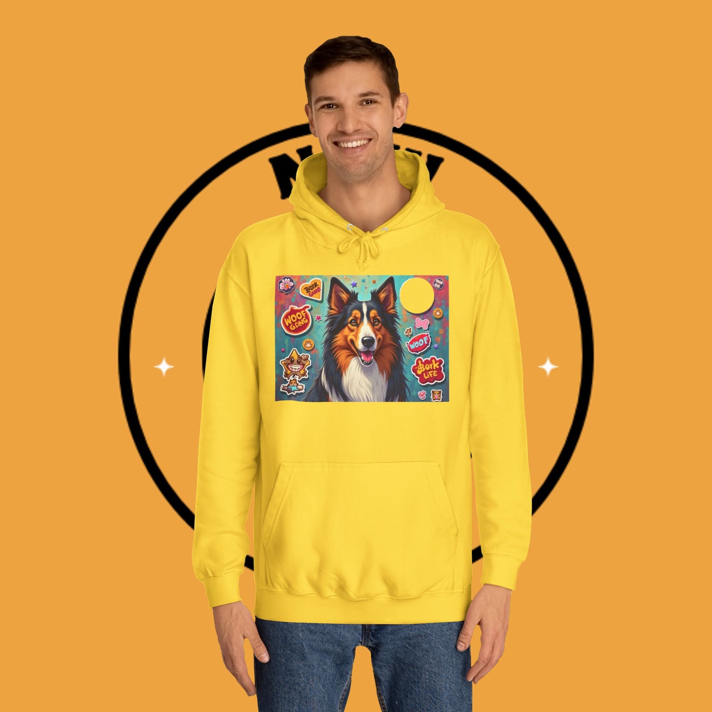 "Dog Sticker Pack Hoodie - Vibrant Collie with Fun Dog Patches Design | Millennial Pet Lover Streetwear"