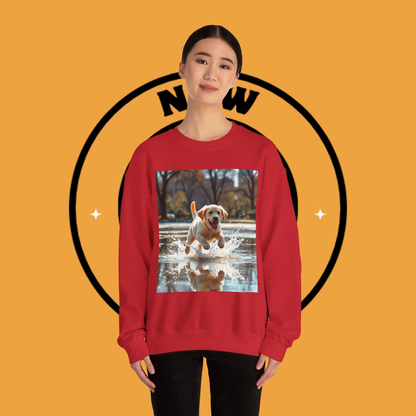 Unisex Dog Lover Crewneck Sweatshirt -Labrador Puppy Running in Water - Happy Dog Splashing in Puddle