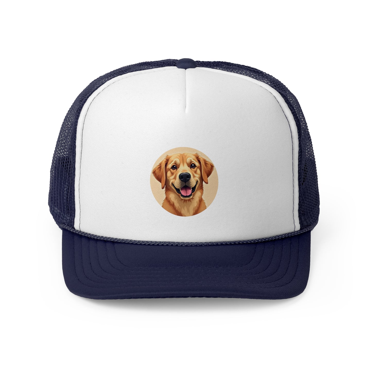 Happy Golden Retriever Trucker Cap - Circular Digital Illustration - Unisex Golden Cheerful Cap