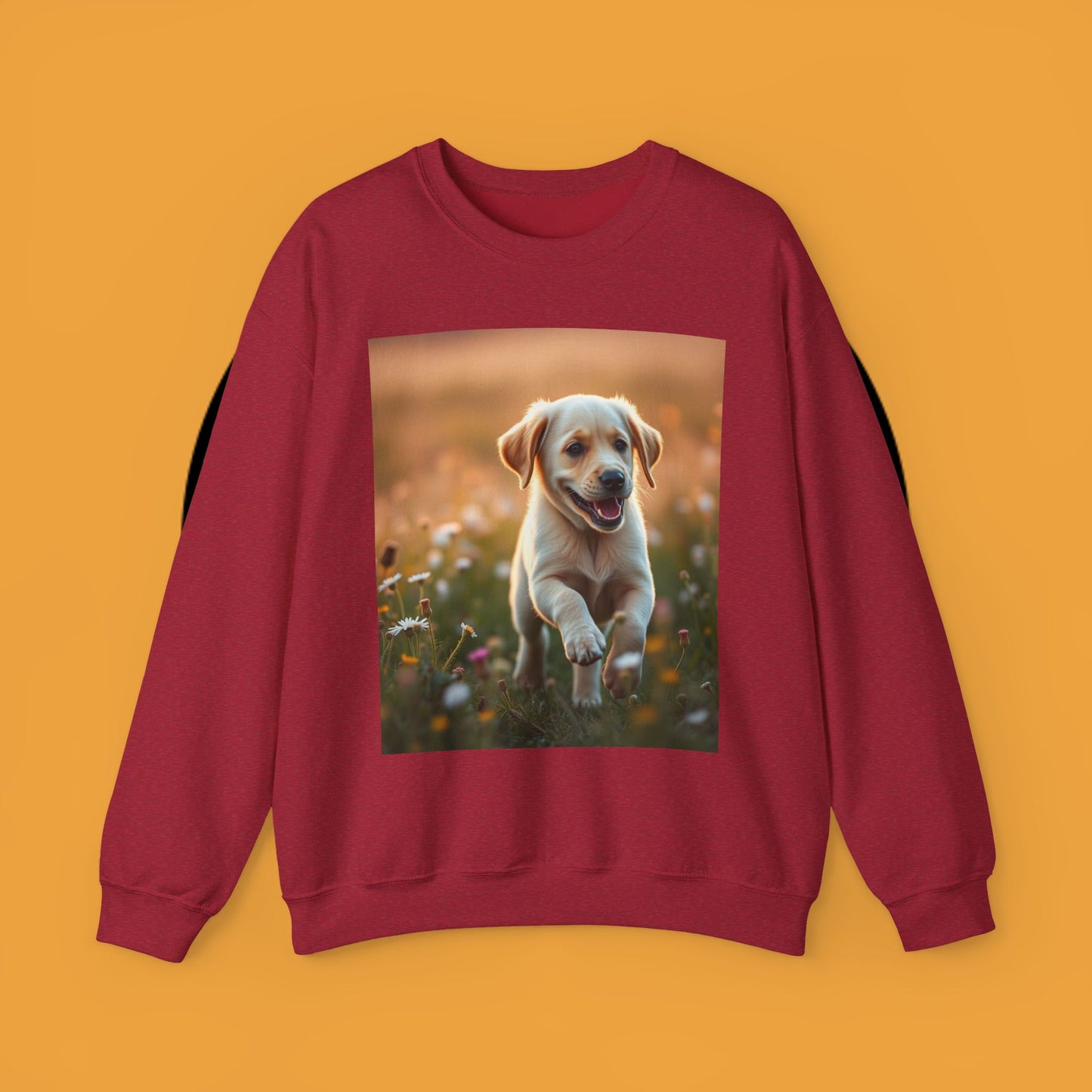 Unisex Dog Lover Crewneck Sweatshirt - Playful Labrador Puppy Running Through Wildflower Meadow