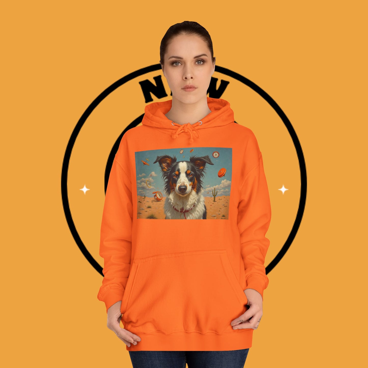 "Surreal Border Collie Time Desert Hoodie - Flying Clocks Artistic Dog Sweatshirt | Dreamlike Fantasy Design"