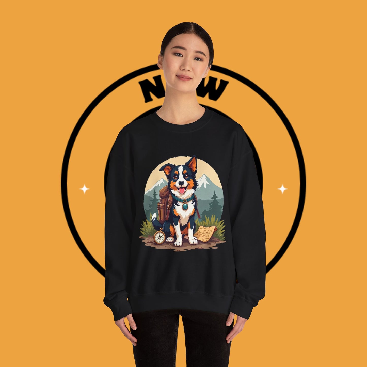 Adventure Dog Hiking Crewneck Sweatshirt - Mountain Explorer Border Collie Design | Outdoor Lover Gift